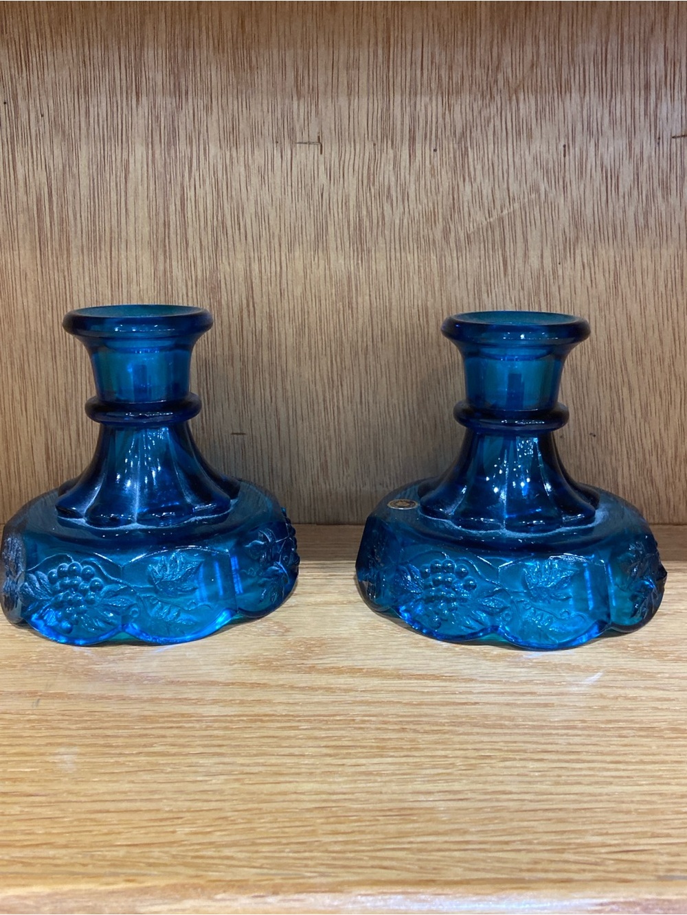 Westmoreland Teal Blue Pressed Glass w/Grapes & Leaves Candlestick Pair